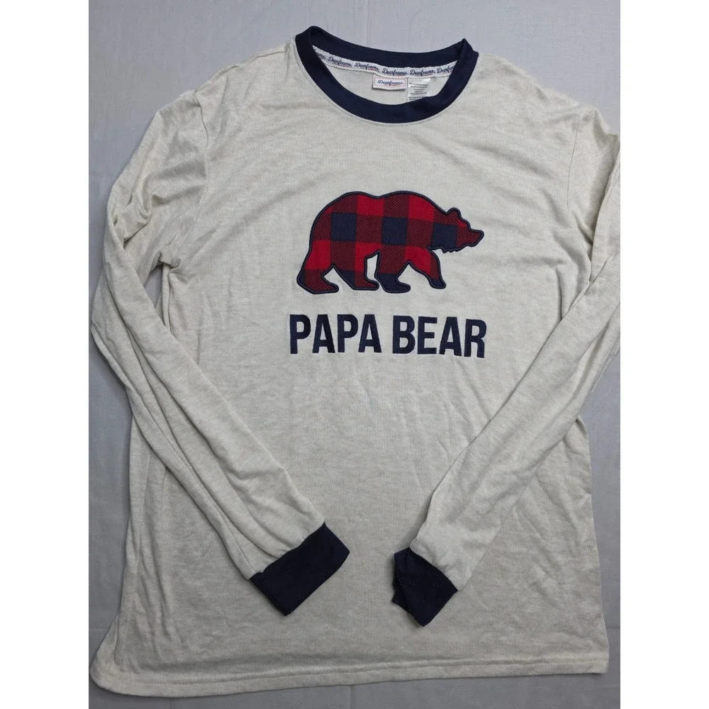 Dearfoams Sleep Shirt Men's Medium Beige Papa Bear Graphic Long Sleeve Pullover